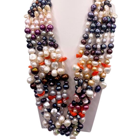 Multicolor Freshwater Pearl Multi strand Necklace Sterling Silver Closure - Picture 2 of 6